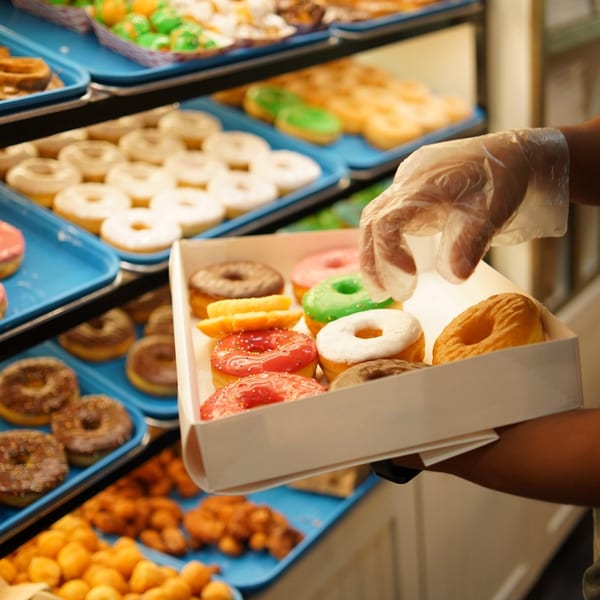 A gloved hand places a colorful glazed donut into a box, surrounded by other donuts.